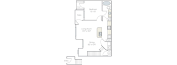 A floor plan of a home with a living room, dining room, kitchen, and bathroom.