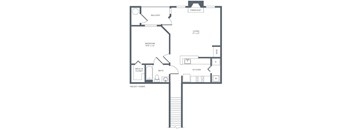 A floor plan of a home with a living room, bedroom, bathroom, and kitchen.