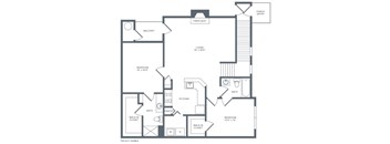 A black and white image of a house floor plan with a balcony, two bathrooms, a kitchen, a living room, and two bedrooms.