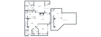 A black and white image of a house floor plan with a living room, dining room, kitchen, and two bedrooms.