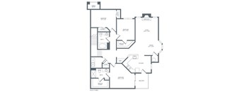 A black and white image of a house floor plan with a porch entry, living room, dining room, kitchen, and two bedrooms.