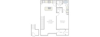 A floor plan of a home with a living/dining room, bedroom, and patio.