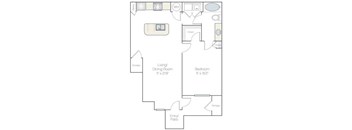 A floor plan of a living area with a dining room, bedroom, and storage space.