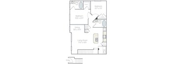 A floor plan of a home with a living room, two bedrooms, a dining room, and an entry.