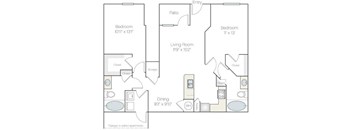 A floor plan of an apartment with a living room, two bedrooms, a dining area, and a garage in one of the bedrooms.