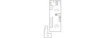 A floor plan of a small apartment with a bedroom, living/dining room, and an entry/patio.
