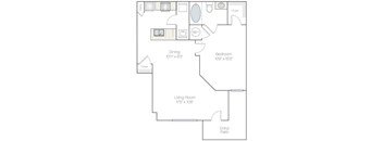 A floor plan of a small apartment with a living room, dining area, kitchen, bedroom, and bathroom.