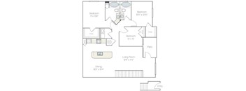 A floor plan of a house with three bedrooms, a living room, a dining room, a patio, and an entry.