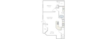 A floor plan of a room with a bedroom, living room, patio, and dining area.