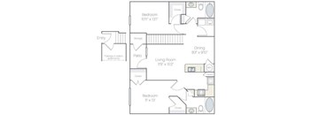 A floor plan of an apartment with two bedrooms, a living room, a dining area, a pantry, and a garage.