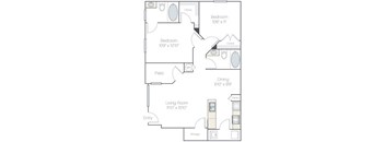 A floor plan of a home with a living room, dining area, kitchen, and two bedrooms.