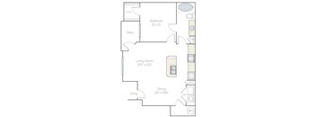 A floor plan of a home with a bedroom, living room, dining room, and patio.