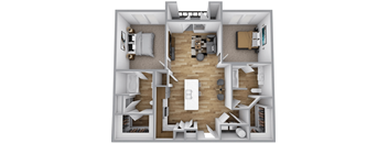 A 3D floor plan of a small apartment with a living room, kitchen, and two bedrooms.