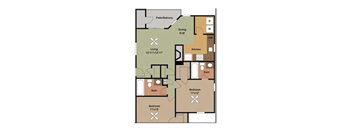 A floor plan of a house with a living area, two bedrooms, a kitchen, a bath, and a dining area.