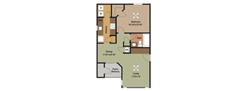 A floor plan of a living space with a bedroom, dining area, and bathroom.