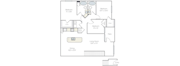 A floor plan of a home with three bedrooms, a living room, a dining room, a patio, and an entry.