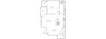 A floor plan of a home with a bedroom, living room, dining room, patio, and closet.