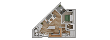 A 3D rendering of a house layout with a living room, kitchen, and bedrooms.