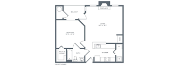 A floor plan of a home with a living room, kitchen, bedroom, bathroom, and balcony.