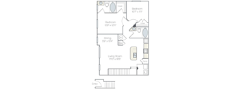 A floor plan of a home with a living room, two bedrooms, a dining room, and a pantry.