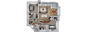 A 3D floor plan of a house with a kitchen, living room, and two bedrooms.