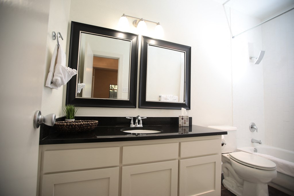 a bathroom with a sink and two mirrors and a toilet