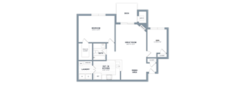 A floor plan of a house with a bedroom, a great room, a den, and a dining area.