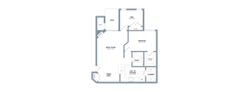 A floor plan of a house with a den, two bedrooms, a dining area, a kitchen, a laundry room, and a great room.