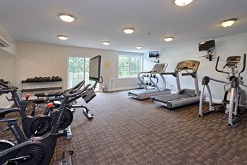 a room filled with cardio equipment and a flat screen tv