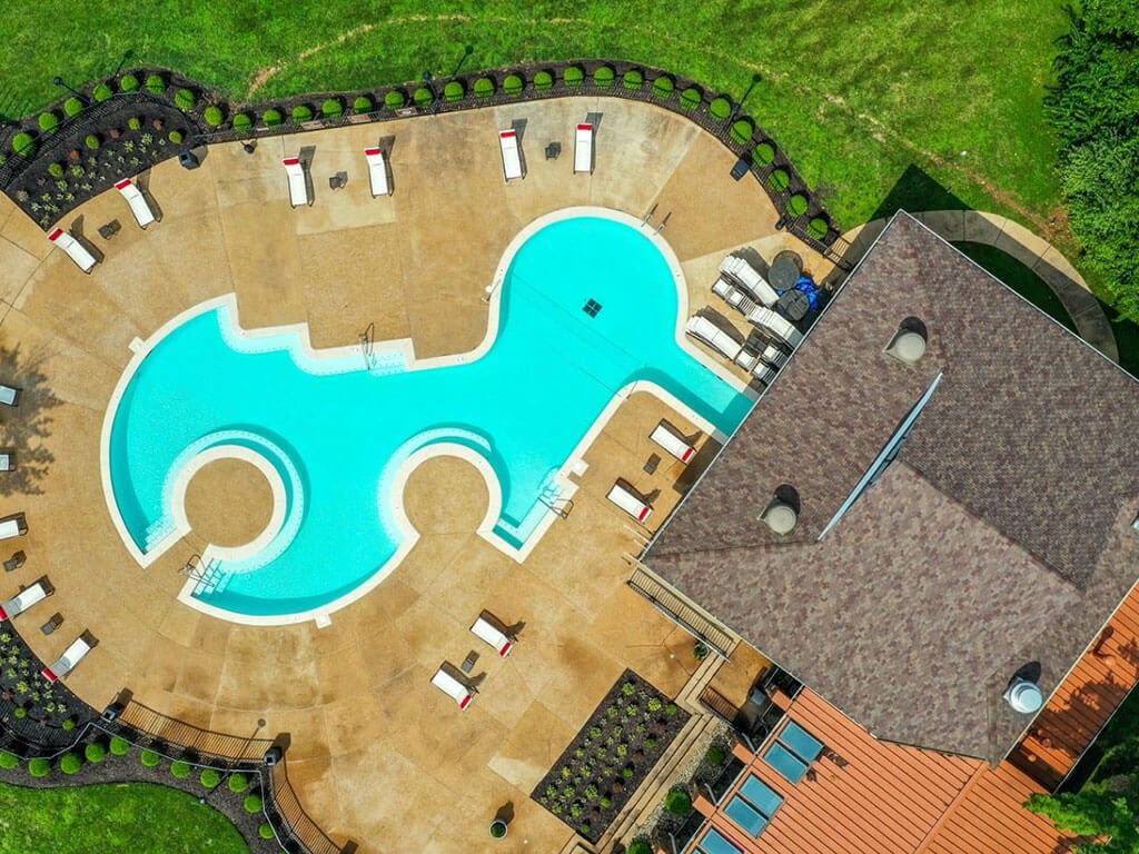Aerial view of pool at 15Seventy, Chesterfield, MO 63017