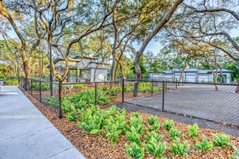 a fenced in dog park with trees and a building in the background at The Beck at Hidden River, Tampa, 33637