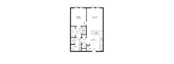 A black and white image of a floor plan for a small apartment.
