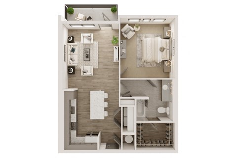 a floor plan of a one bedroom apartment with two bathrooms and a balcony at Livano Grand National, Orlando, 32819