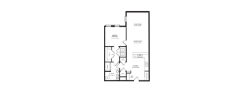 A black and white floor plan of a house with a living room, dining room, kitchen, and two bedrooms.