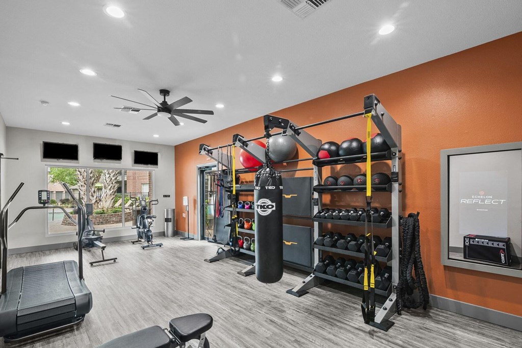 fitness room with gym equipment at The Aster Sugar Land, Sugar Land, TX, 77498
