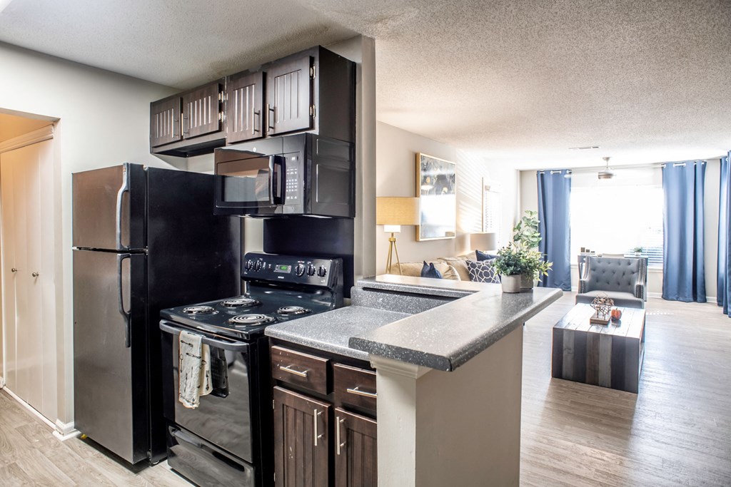Kitchen with black appliances overlooking living room located at Addison on Cobblestone located in Fayetteville, GA 30215