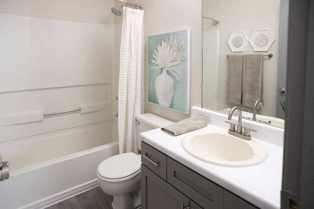 A bathroom with a white toilet, a white sink, and a shower curtain. at The Addison at Collierville, Collierville