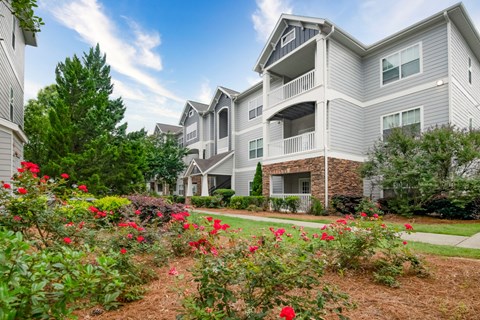 A row of houses with red flowers in the foreground.