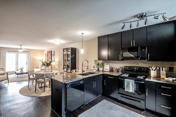 A modern kitchen with black cabinets and appliances.