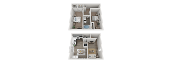 A 3D floor plan of a two-bedroom apartment.
