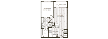 1 bedroom 1 bathroom floor plan B at Station at Old Town, Lewisville, 75057