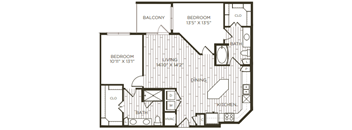 2 bedroom 2 bathroom floor plan A at Station at Old Town, Lewisville, Texas