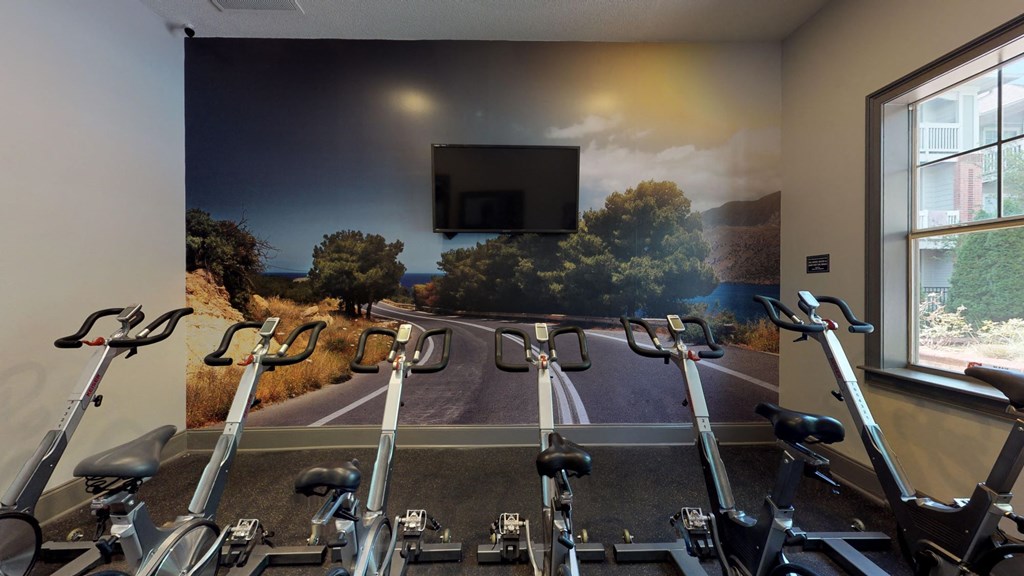 a room with a mural on the wall and a row of exercise bikes in front of it at Autumn Park Apartments, Charlotte, NC, 28262