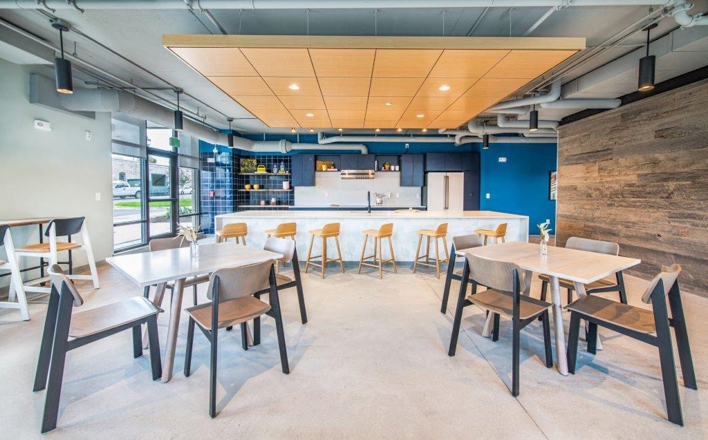 Resident kitchen and street side lounge at The Baxly, Savannah, 31401