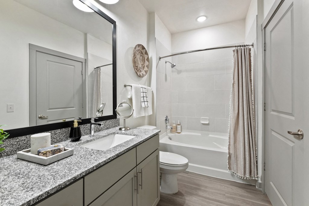 a bathroom with a sink and a shower and a toilet