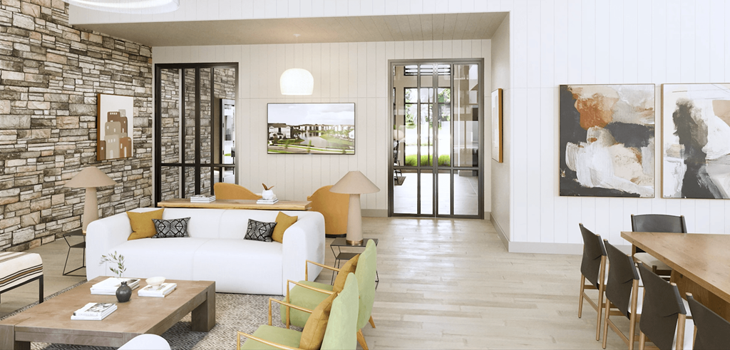 a living room with a white couch and a table and chairs at Livano Avondale, Avondale, AZ 85323