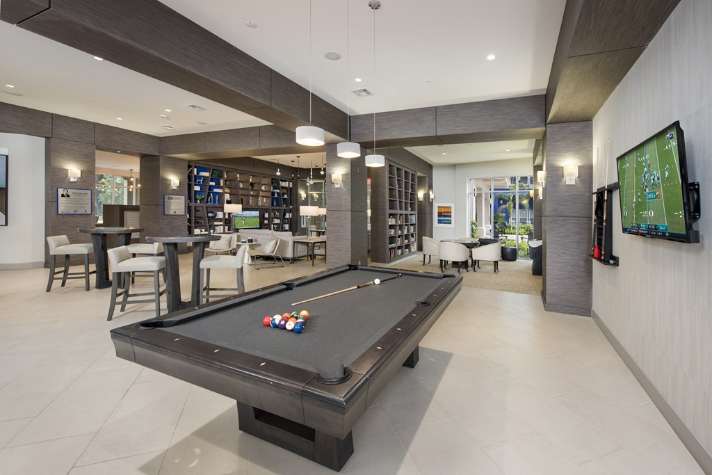 Indoor Resident Lounge with Billiards at Maitland City Centre, Maitland, FL, 32751