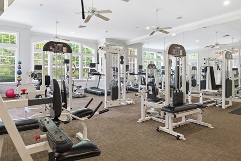 A gym with a variety of equipment including treadmills, weights, and exercise machines.