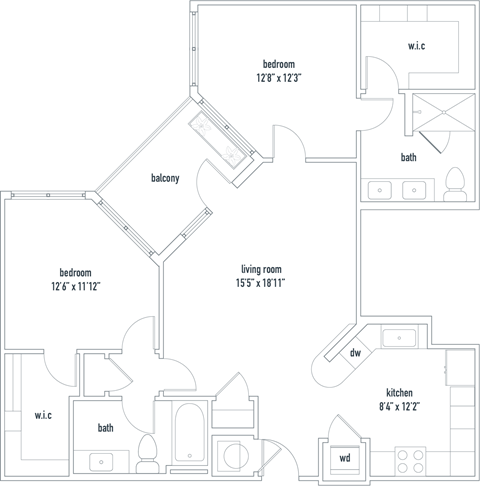 Alpine floorplan 2 bed 2 bath 1104 sq ft  The Dartmouth North Hills Apartments Raleigh NC 27609