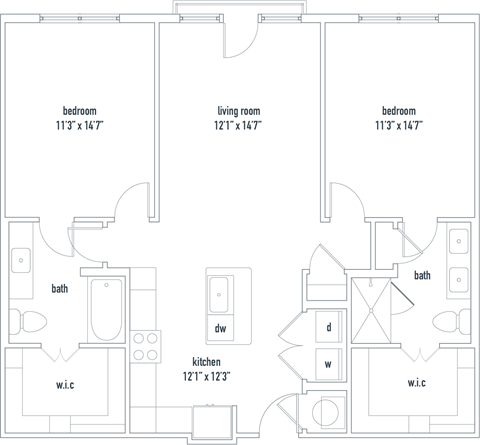 Imperial Floorplan 2 bed 2 bath 1136 sq ft  The Darmouth North Hills Apartments Raleigh NC 27609